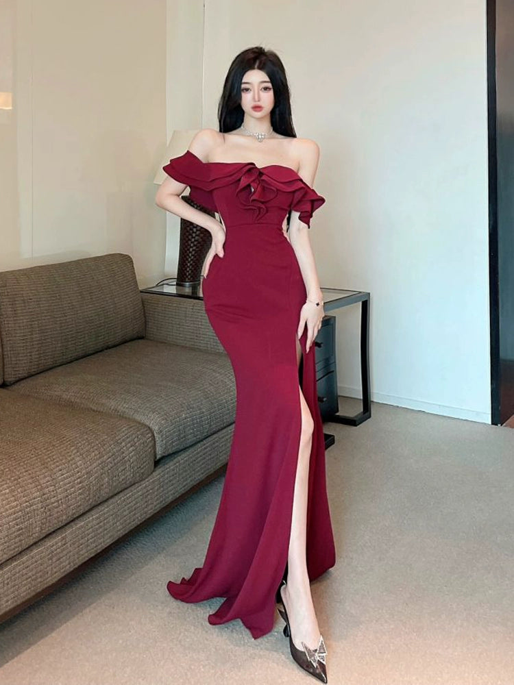 French Style Classy Sexy Open Back off-Shoulder Dress Female Summer Ruffles Temperament Sheath Split Evening Long Dress