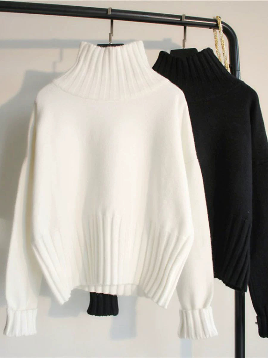 Plus Velvet White Semi-High Collar Loose Knitted Short Sweater