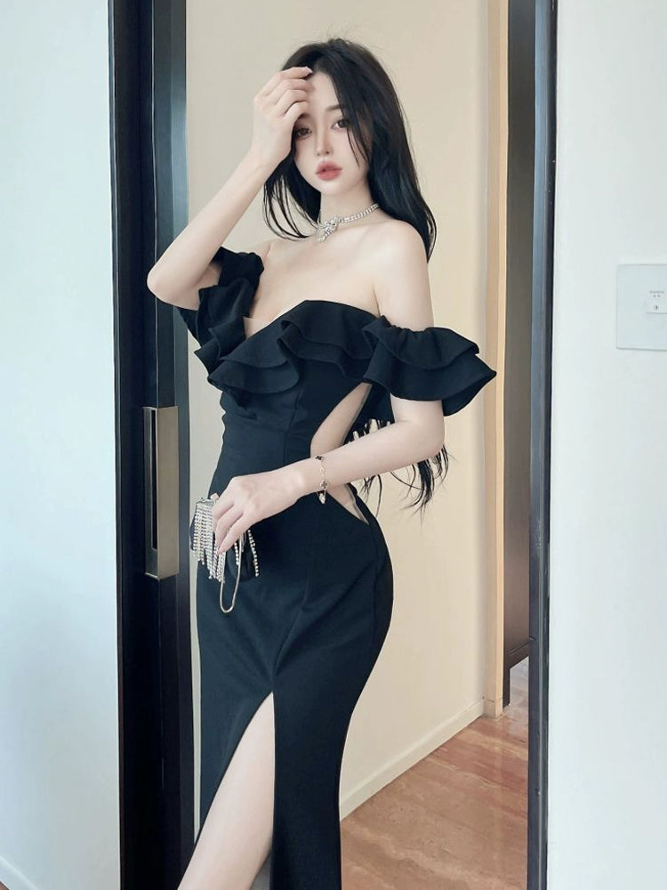 French Style Classy Sexy Open Back off-Shoulder Dress Female Summer Ruffles Temperament Sheath Split Evening Long Dress