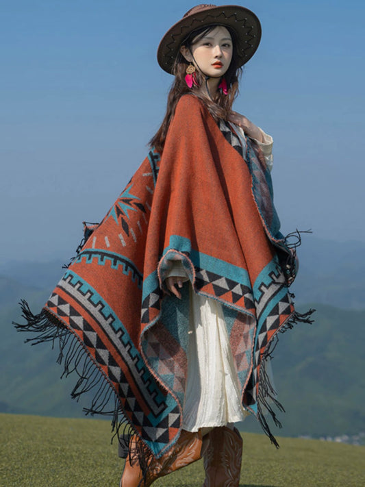 Early Autumn Travel Knit Cloak with Tassel Scarf