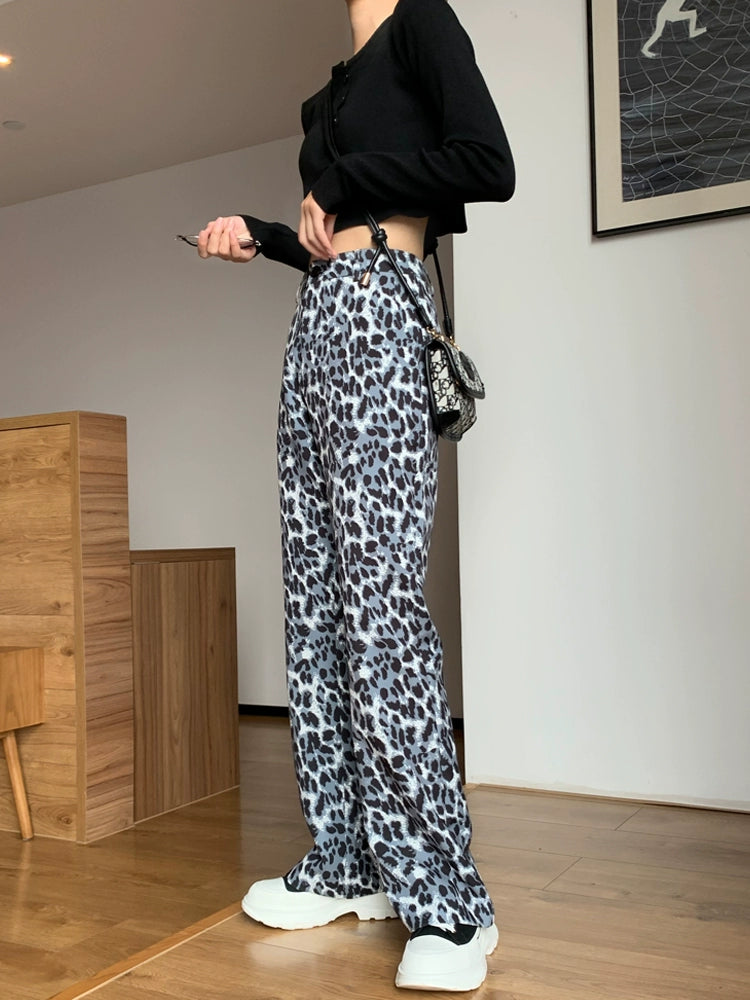 Women's High-End Leopard Print Trumpet Pants - High Waist, Casual, Slimming Drape, Retro Spring 2024 Mopping Pants