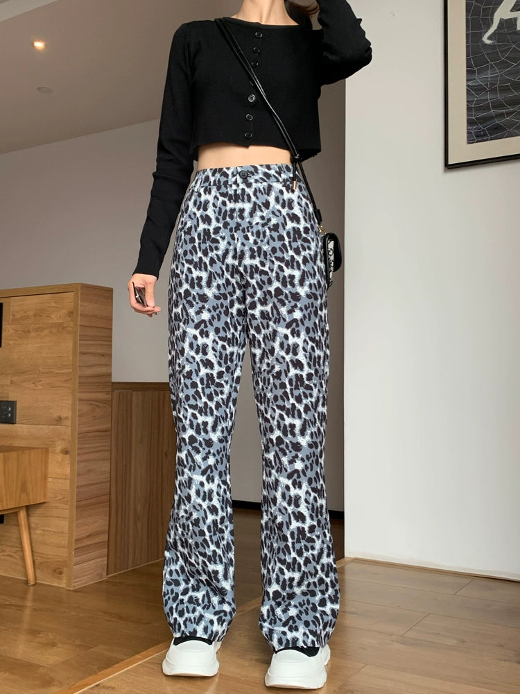 Women's High-End Leopard Print Trumpet Pants - High Waist, Casual, Slimming Drape, Retro Spring 2024 Mopping Pants