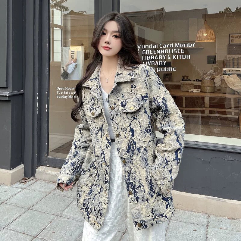 Denim Coat Women's New Spring and Autumn Fashion Print Jacket Cardigan Stylish Niche Loose Elegant Top