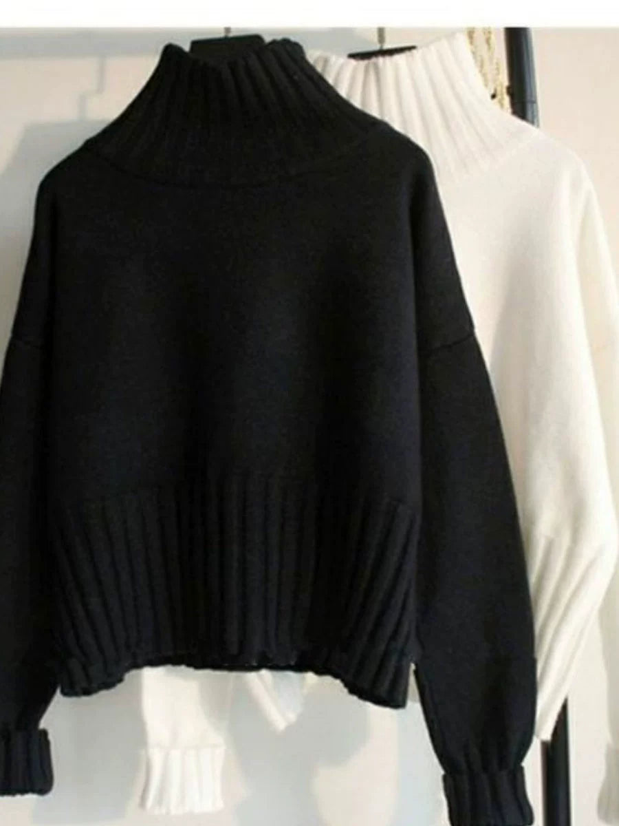 Plus Velvet White Semi-High Collar Loose Knitted Short Sweater