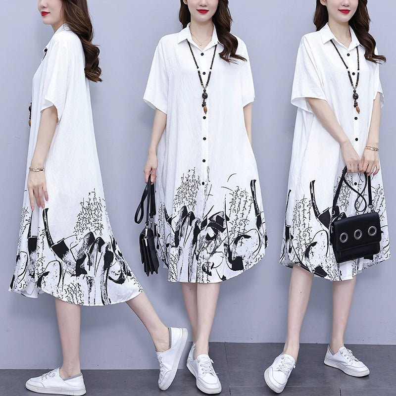 Plus Size Women's Clothing 2024 Summer New Arrival Plus Size Ladies Fashion Western Style Mid-Length Casual Easiest for Match Loose Shirt Dress