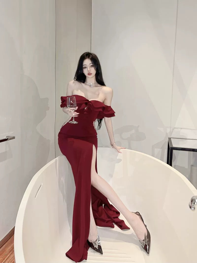 French Style Classy Sexy Open Back off-Shoulder Dress Female Summer Ruffles Temperament Sheath Split Evening Long Dress