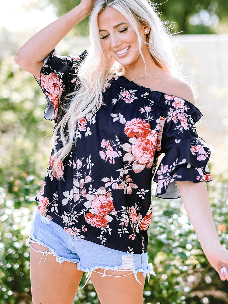 Fashion off-Shoulder Casual Short Sleeve Shirt Florals Print