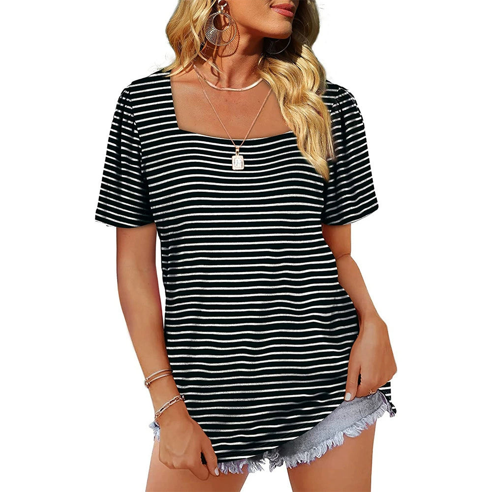 Women's New Smocked Striped Square Neck Short Sleeve T-shirt