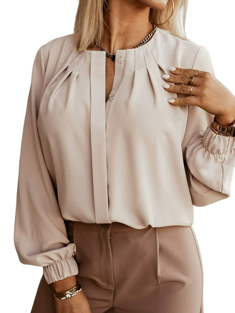 Pure Color Pleating Casual Stretch Button Long Sleeves Shirt