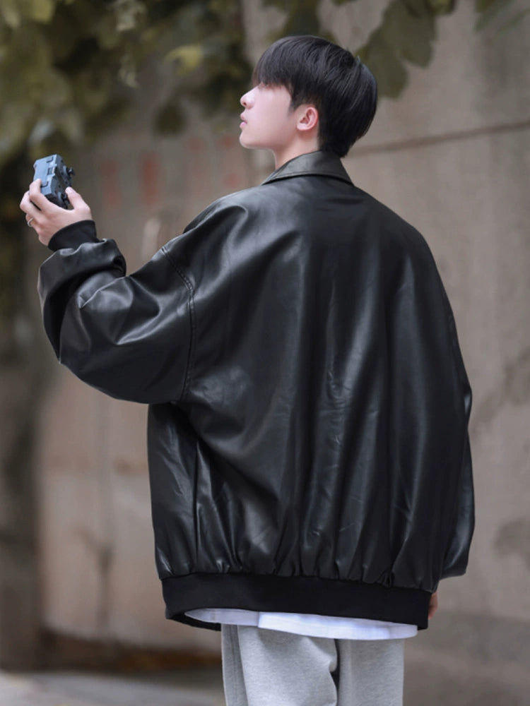 Fancy Fall Winter Trend Handsome Niche Style Padded Shoulder Leather Coat