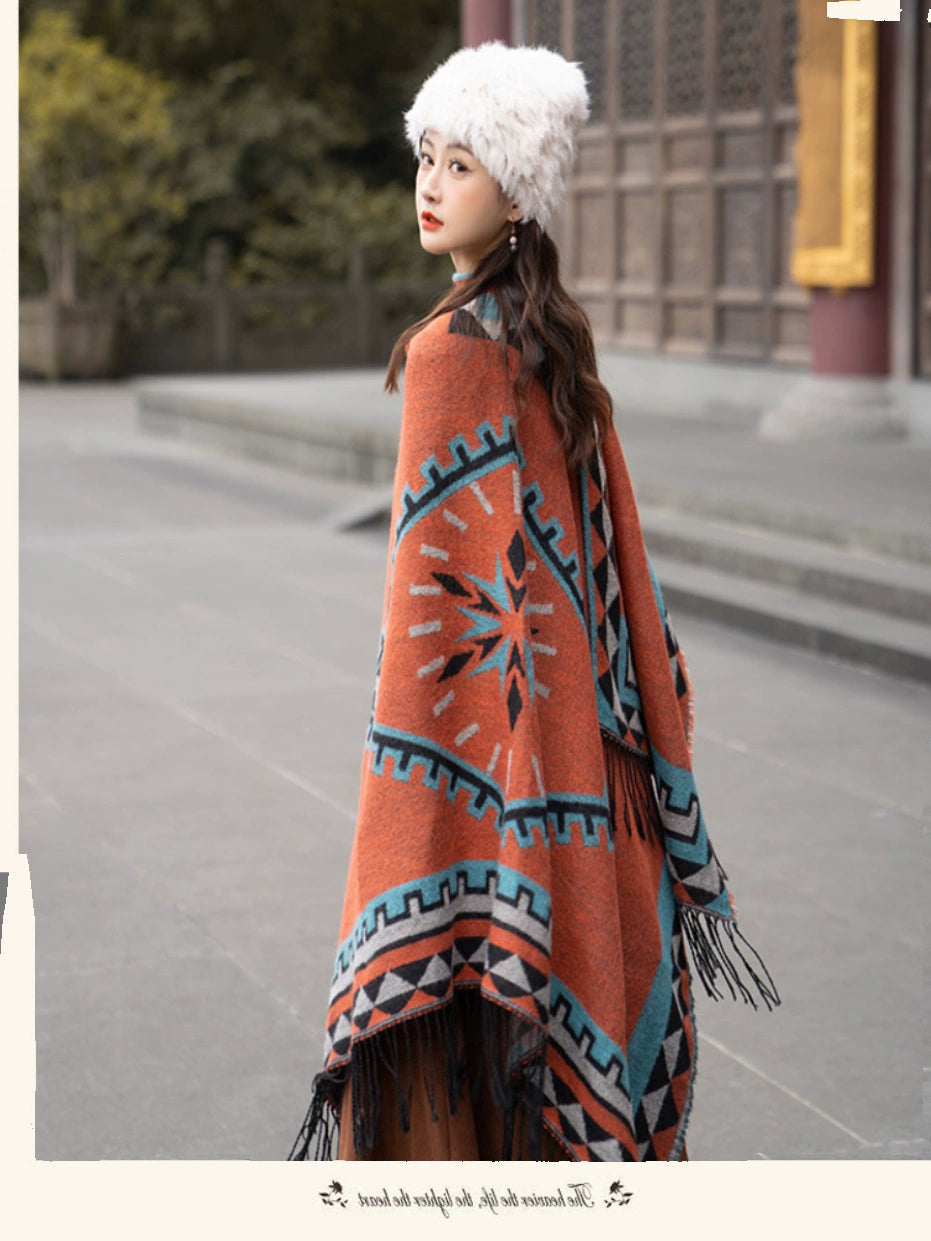 Early Autumn Travel Knit Cloak with Tassel Scarf