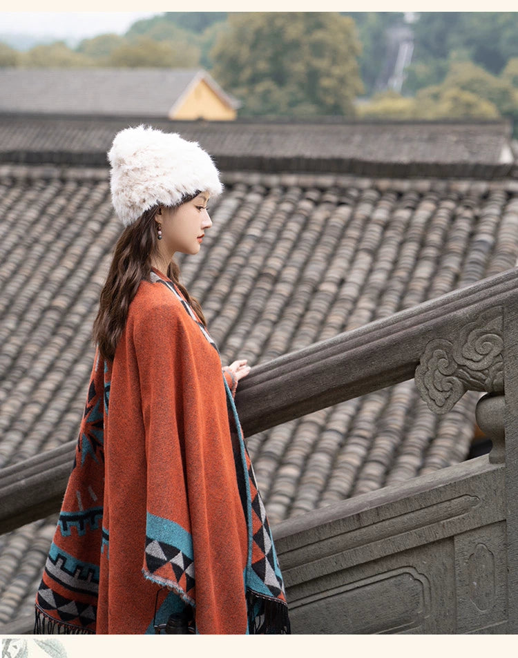 Early Autumn Travel Knit Cloak with Tassel Scarf