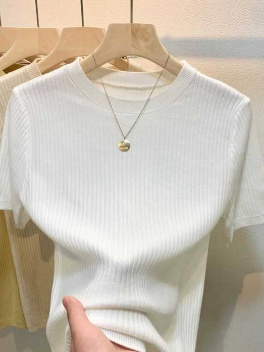 Summer 2024 New Arrival Silm Knitwear Short Sleeve Tops Women's Pullover Sweater Short Inner Wear round Neck Bottoming Shirt