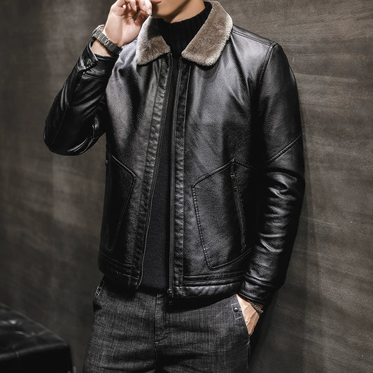 Winter Korean Style Fleece-Lined Thickened Handsome Lambswool Leather Jacket