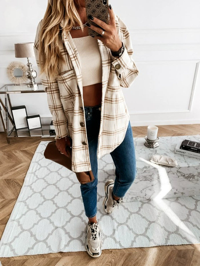 Women Ins Fashion Loose Casual Retro Plaid Long Sleeve Shirt