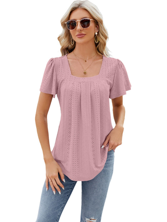 Solid Color Flared Sleep V-neck Top Bell Sleeve V Neck Waist Trimming Ruffles Top