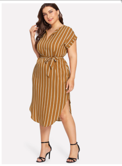 Fashion Plus Size Short-Sleeve One-Piece Dress for Women Fat Sister Belt Stripes Slim Looking V-neck Midi Skirt