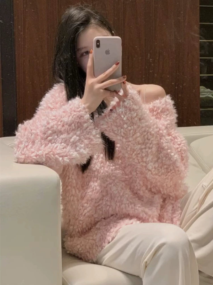 Pink Off-the-Shoulder Loose Knit Sweater - Long Sleeve, Spring and Autumn Style