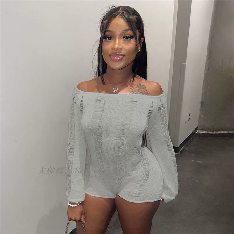 Knitted Slim Fitting Jumpsuit off-Shoulder Hollow-out Ripped Open Back Knitting Jumpsuit Women