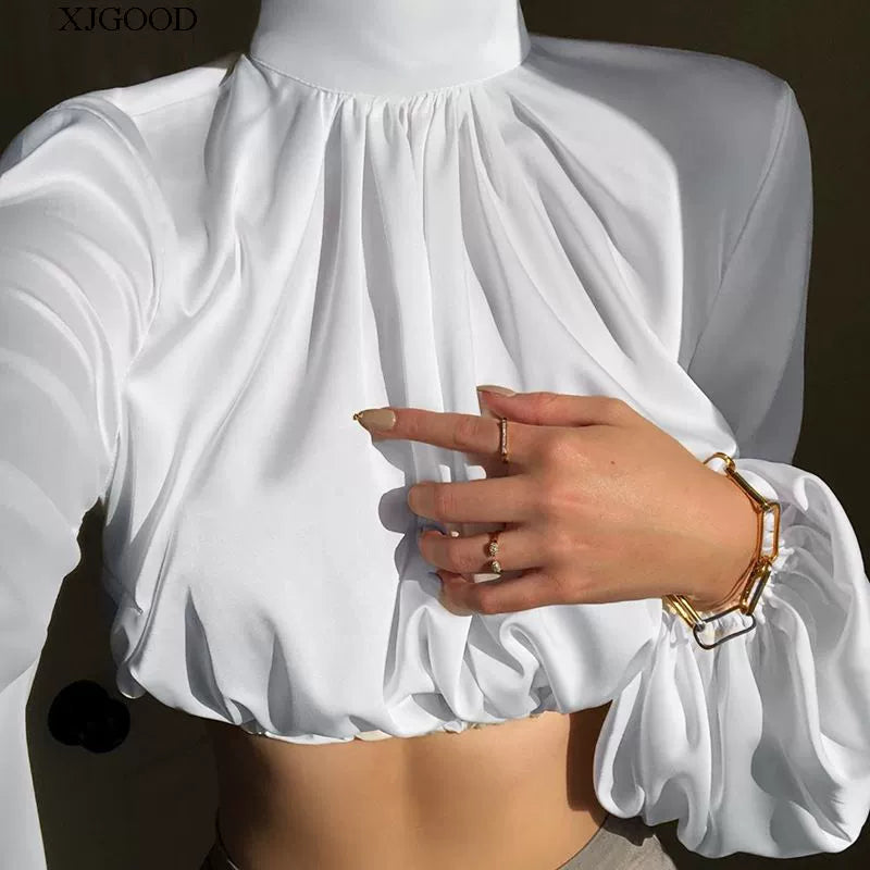 Women's Solid Color Balloon Sleeve Open Waist T-shirt Solid Color Lantern Sleeve T-shirt