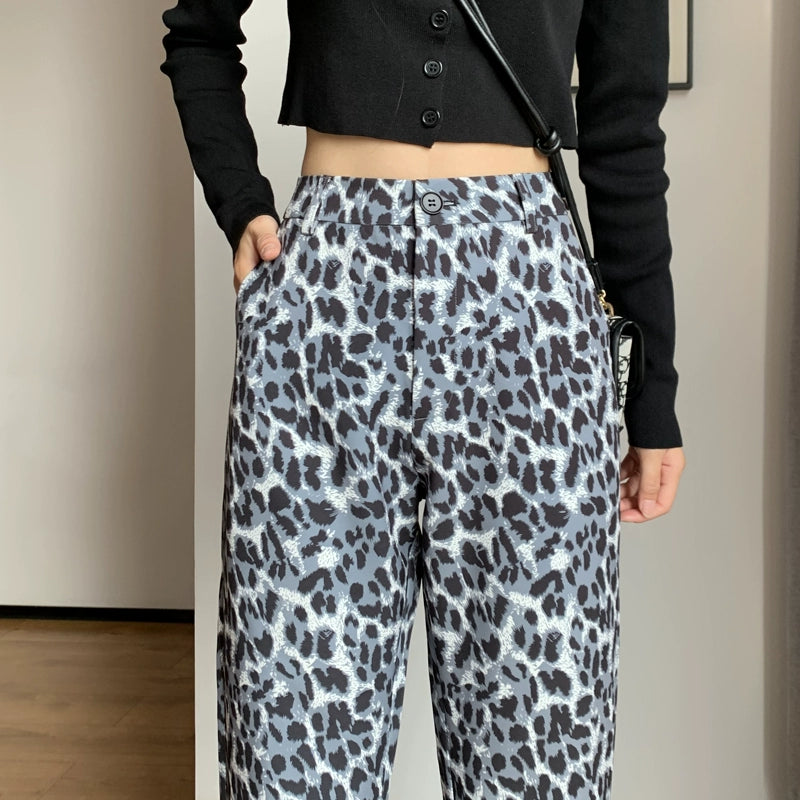 Women's High-End Leopard Print Trumpet Pants - High Waist, Casual, Slimming Drape, Retro Spring 2024 Mopping Pants