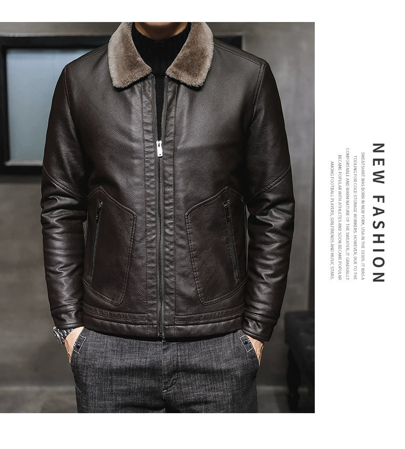 Winter Korean Style Fleece-Lined Thickened Handsome Lambswool Leather Jacket