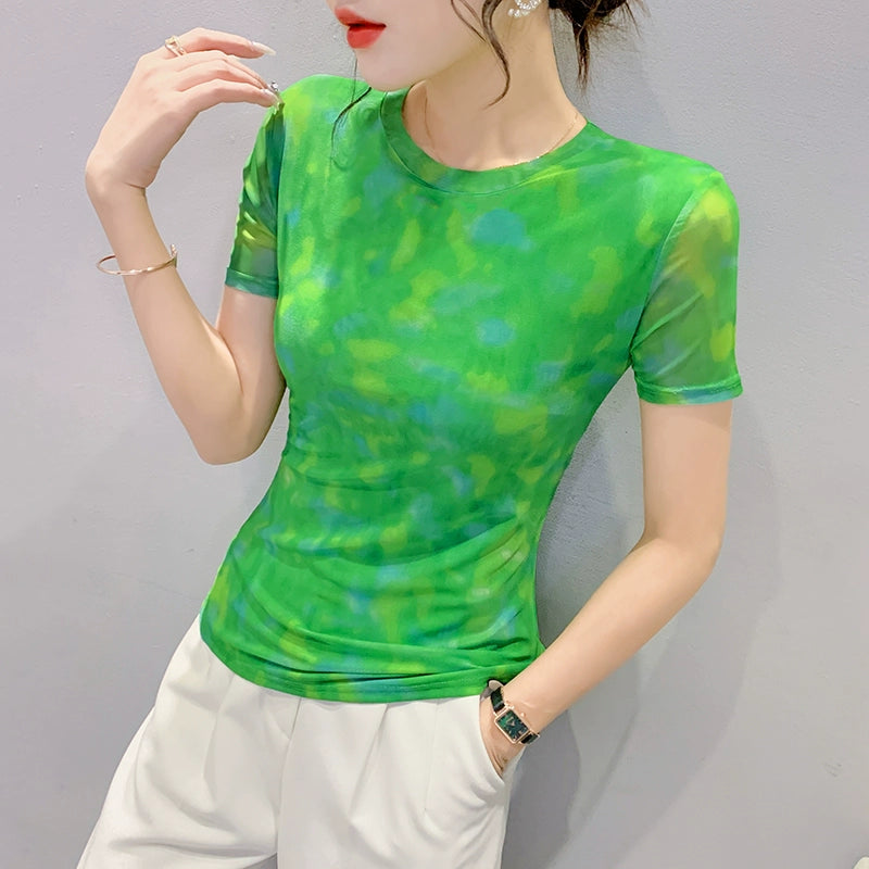 Women's European Station Printed Mesh Top T-shirt with Short Sleeves