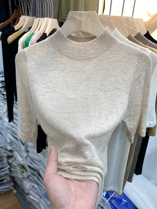 Soft Glutinous Thin Mid-Sleeve Slim T-shirt Top Sweater