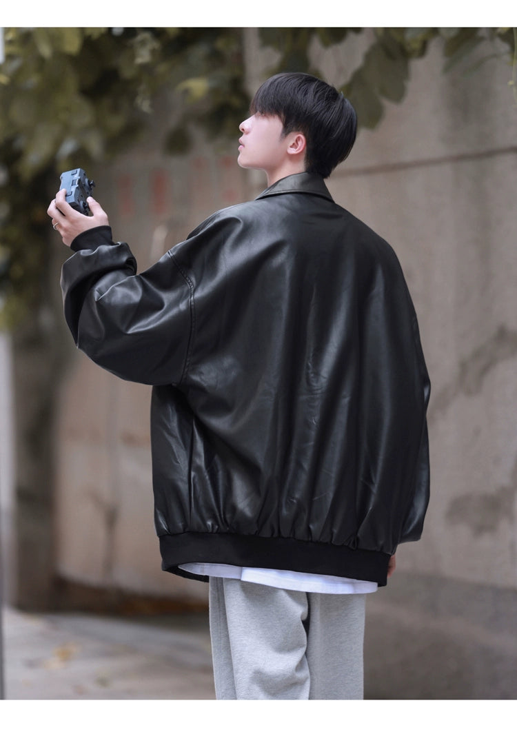 Fancy Fall Winter Trend Handsome Niche Style Padded Shoulder Leather Coat