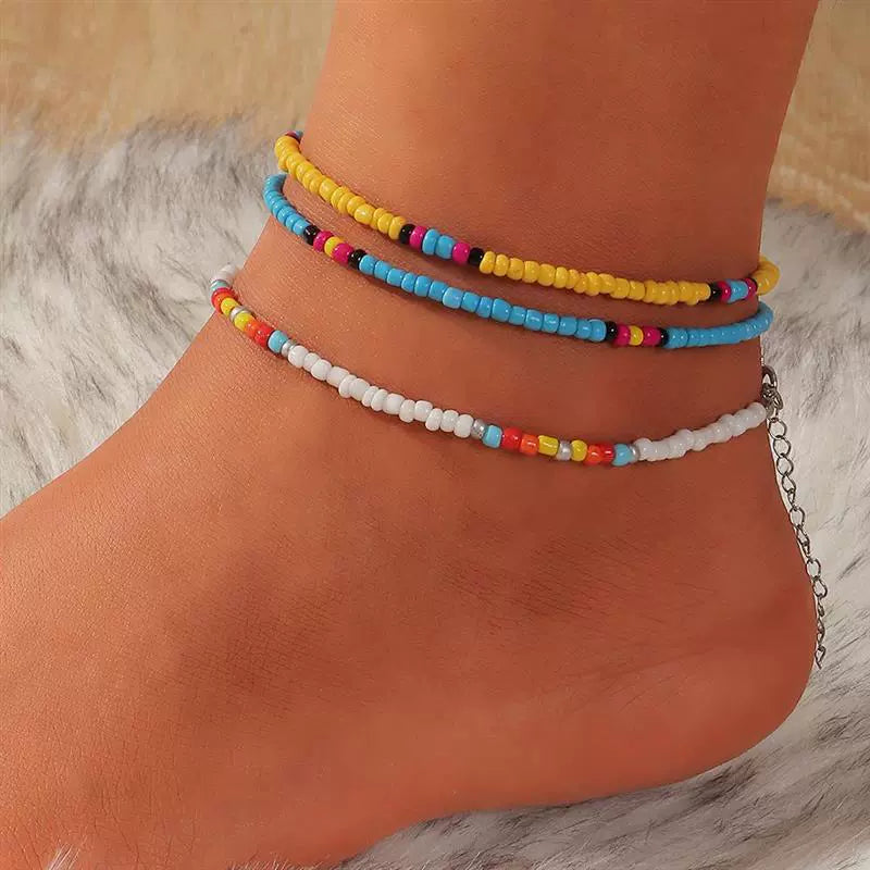 Cross-Border Bohemia Ethnic Style Color Bead Anklet Multi-Layer Hand-Woven Beads Ornament In Stock Ornament