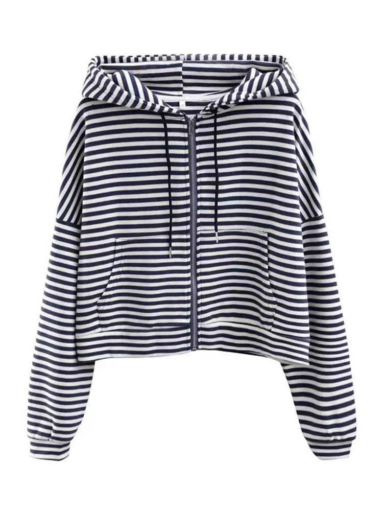 Striped Autumn Dress Loose Preppy Style Long Sleeves Hooded Sweatshirt