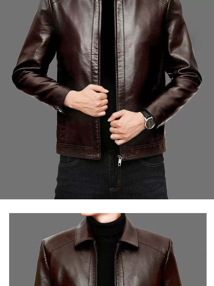 Middle-Aged and Elderly Fleece-lined Winter Reverse Collar Dad Leather Coat