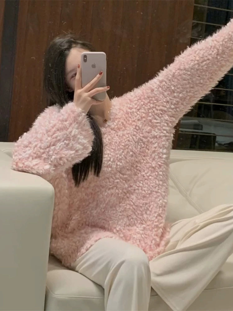 Pink Off-the-Shoulder Loose Knit Sweater - Long Sleeve, Spring and Autumn Style