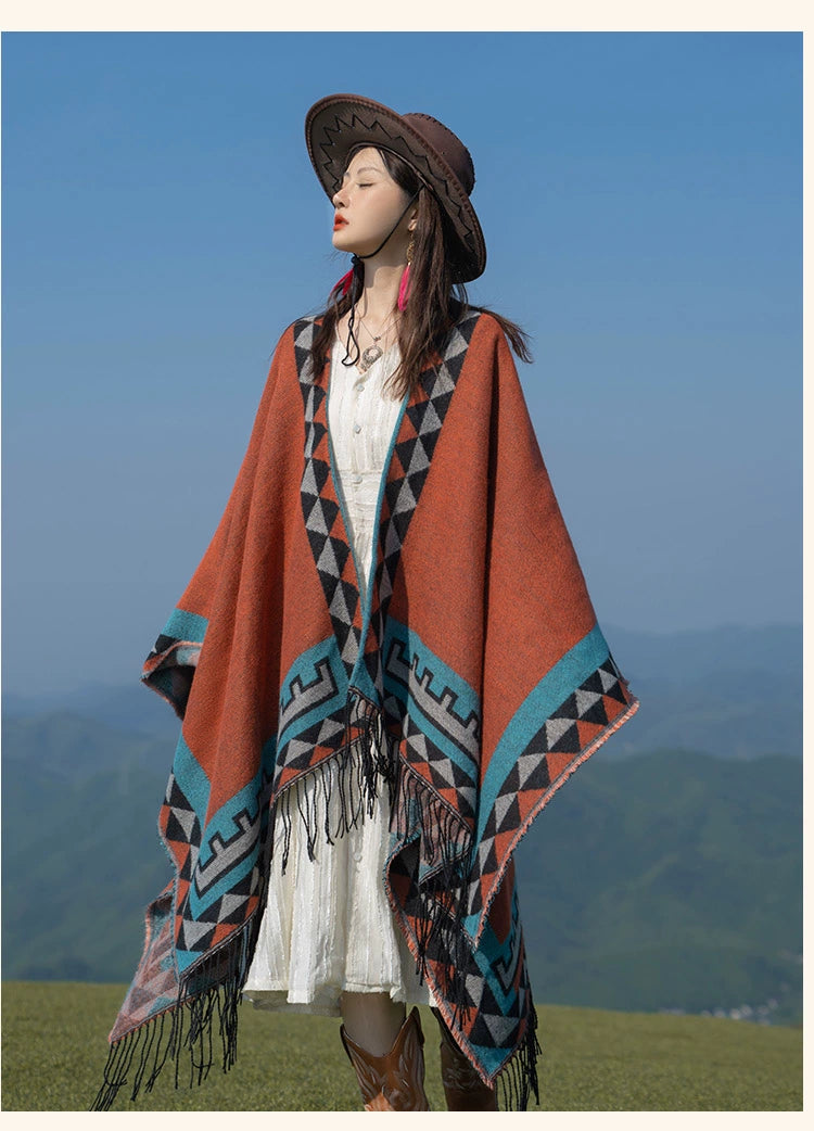 Early Autumn Travel Knit Cloak with Tassel Scarf