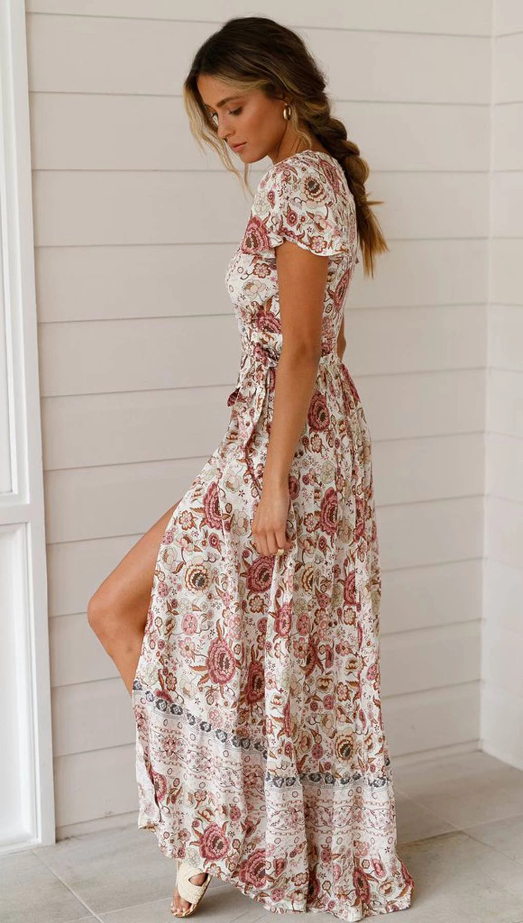 Short Sleeve Dress New Summer New Vacation V Neck Cardigan Strap Dress Print Beach Dress Long Skirt