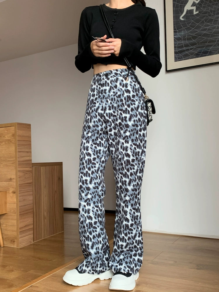 Women's High-End Leopard Print Trumpet Pants - High Waist, Casual, Slimming Drape, Retro Spring 2024 Mopping Pants