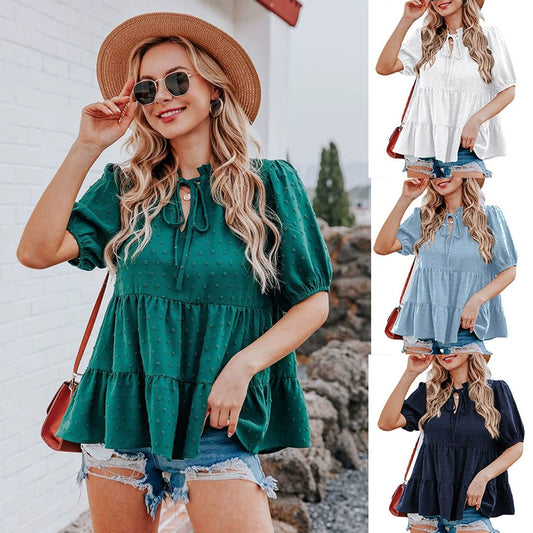 Spring/Summer V-neck Lace Puff Sleeve Loose Top Women's