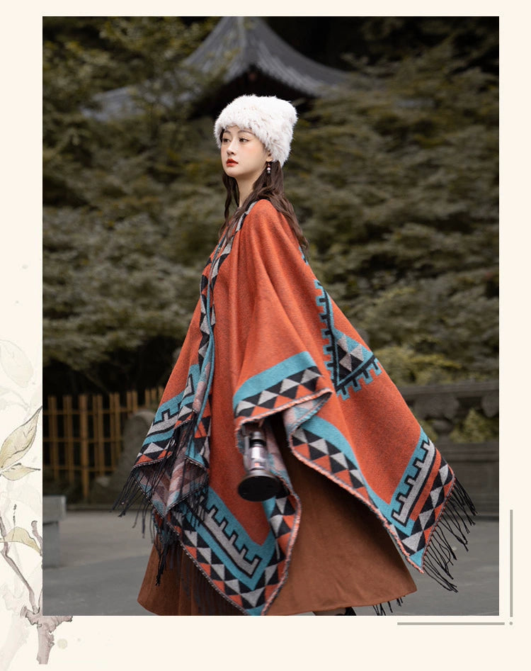 Early Autumn Travel Knit Cloak with Tassel Scarf