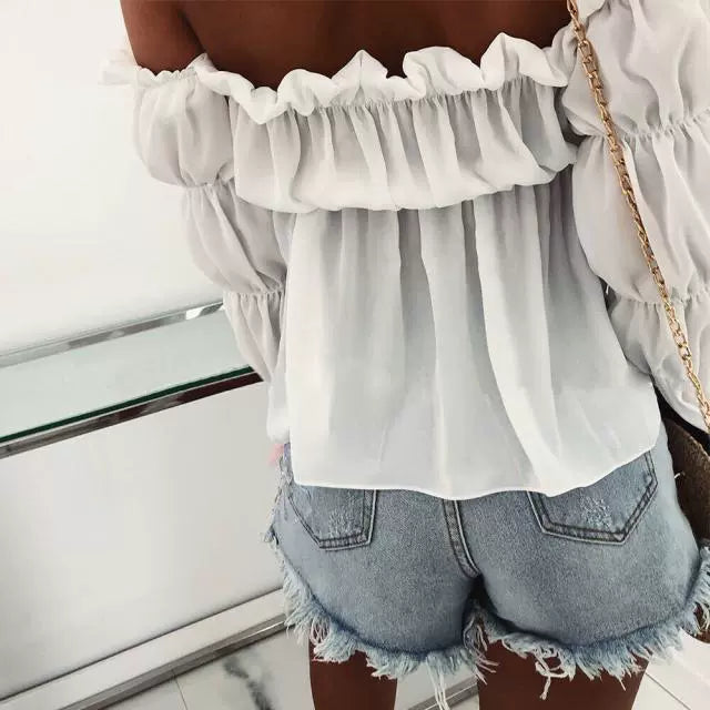 European and American Amazon Vacation Style Sweet Fungus Lace off-the-Shoulder Waist-Controlled Long Sleeves Chiffon Shirt Summer Women's T All-Matching Top