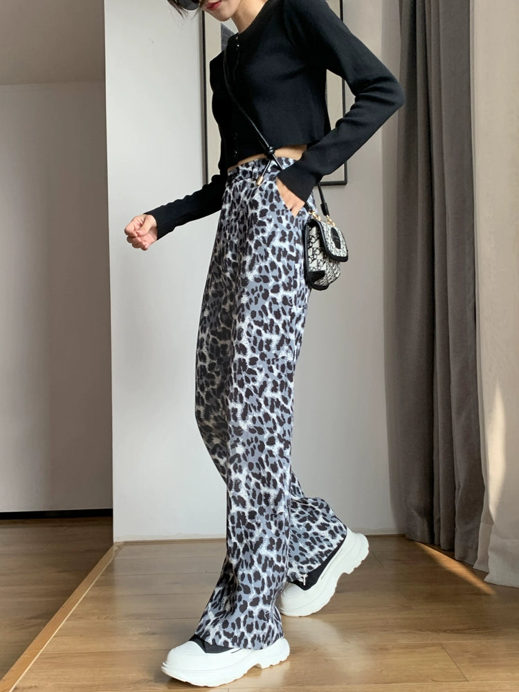 Women's High-End Leopard Print Trumpet Pants - High Waist, Casual, Slimming Drape, Retro Spring 2024 Mopping Pants