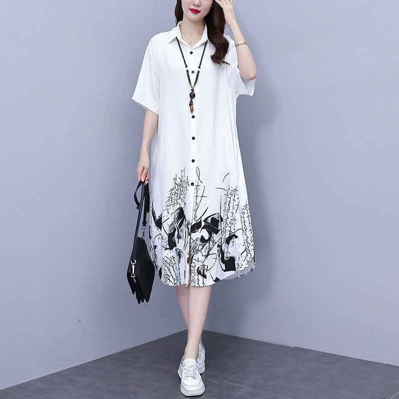 Plus Size Women's Clothing 2024 Summer New Arrival Plus Size Ladies Fashion Western Style Mid-Length Casual Easiest for Match Loose Shirt Dress