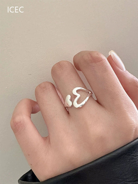 S925 Sterling Silver Heart-Shaped Hollow Ring Korean Series Simple Cold Style Niche Design Open Adjustable Diet Finger Ring