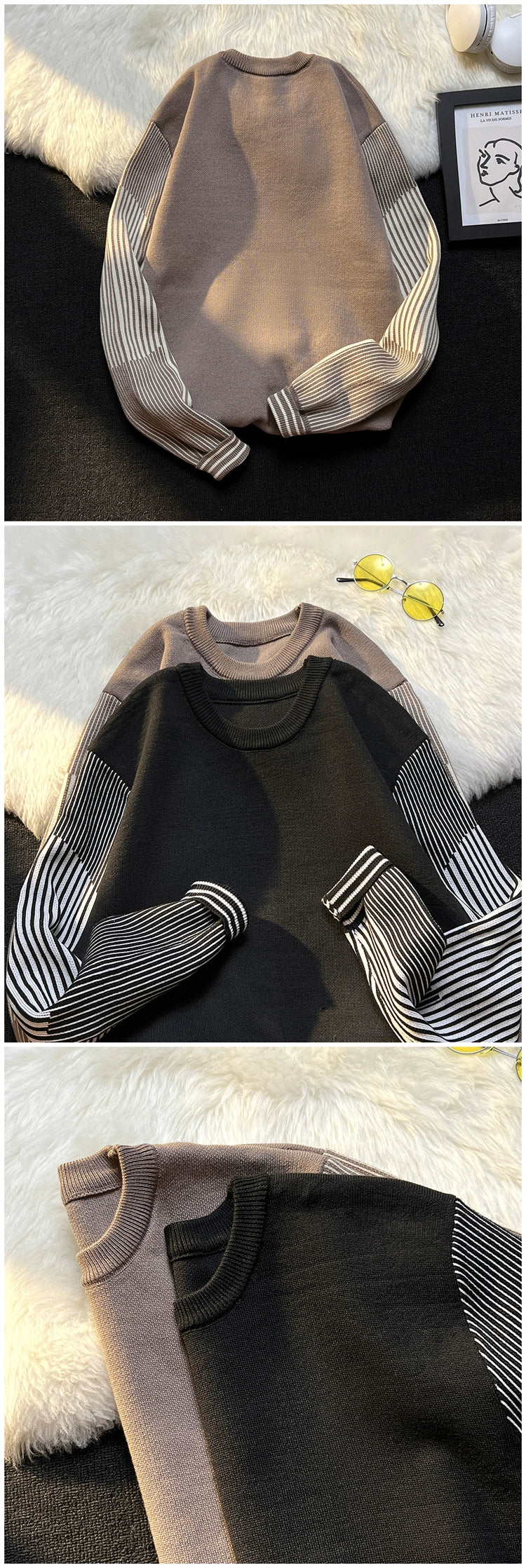 Patchwork Stripes Ins Hong Kong Style Trendy Brand Loose Sweater