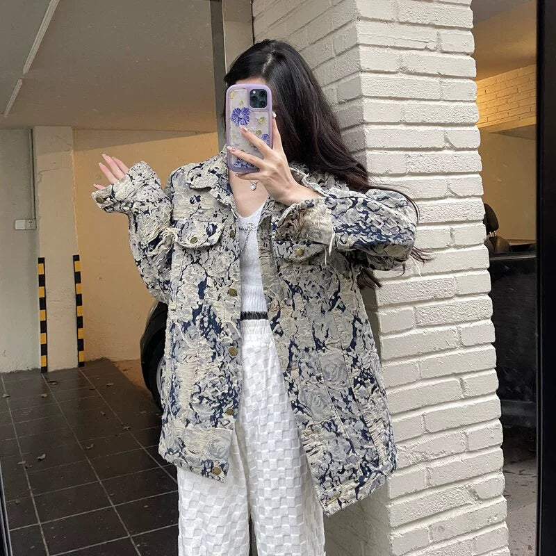 Denim Coat Women's New Spring and Autumn Fashion Print Jacket Cardigan Stylish Niche Loose Elegant Top