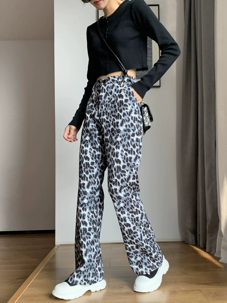 Women's High-End Leopard Print Trumpet Pants - High Waist, Casual, Slimming Drape, Retro Spring 2024 Mopping Pants