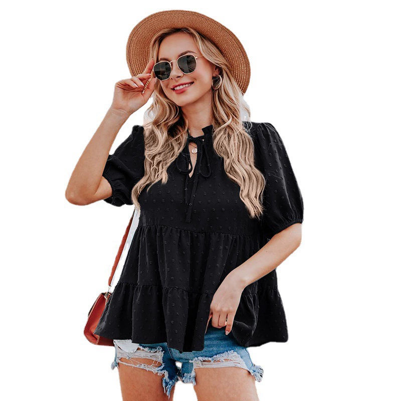 Spring/Summer V-neck Lace Puff Sleeve Loose Top Women's