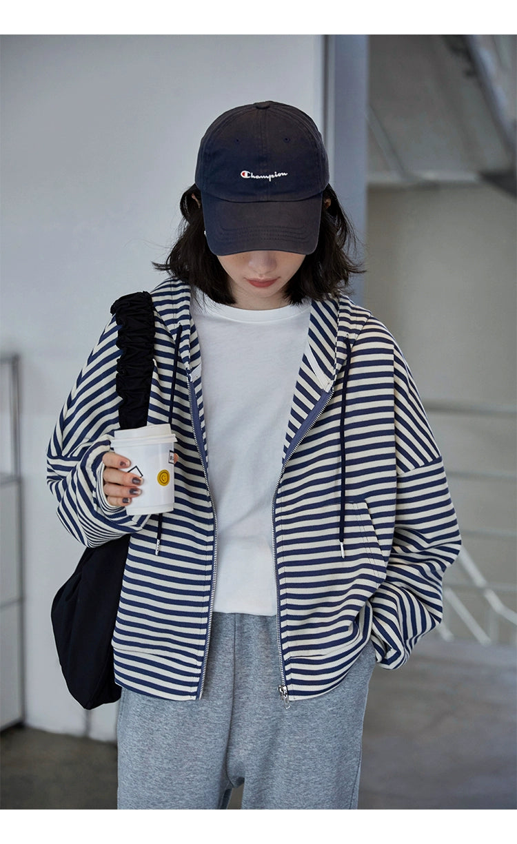 Striped Autumn Dress Loose Preppy Style Long Sleeves Hooded Sweatshirt