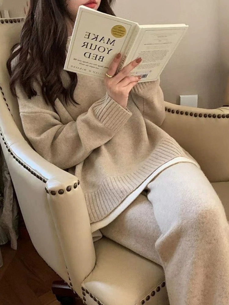 Classic Style Cashmere Sweater Suit Women's Autumn and Winter Fancy Lazy and Loose Knitted Top Wide Leg Pants Two-Piece Set