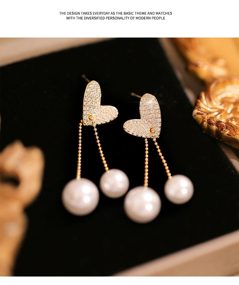 Light Extravagant Love Heart Niche Design Pearl Tassel Earrings