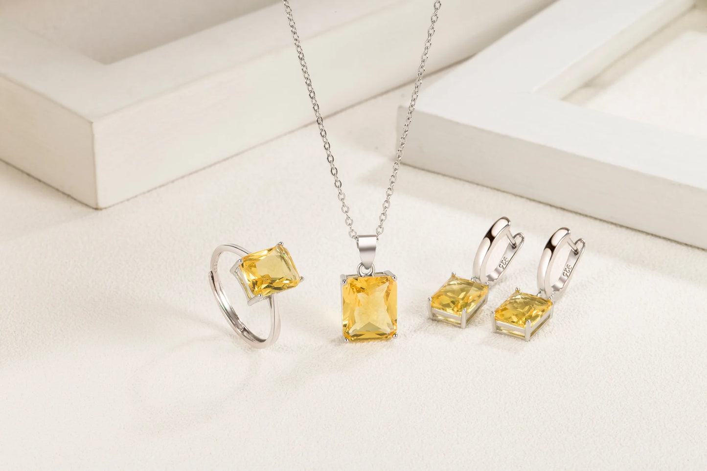 925 Sterling Silver  Elegant Jewelry Sets Ring Earrings Necklace For Women Rectangle Geometry Zircon Wedding Accessories
